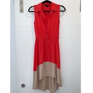 Coral Button up, asymmetrical dress